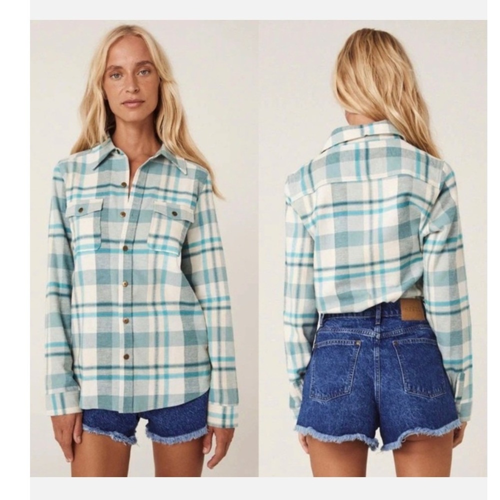 Spell Maverick Flannel Size L Sage Plaid Organic Cotton Hemp Button Up Shirt